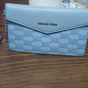 Michael Kors Logo Chain Link Magnetic Card Case Wallet Pale Blue Silver HW NWOT